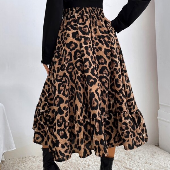 Boho Camel Tan Leopard Print Ruffle Midi Skirt - Picture 3 of 5